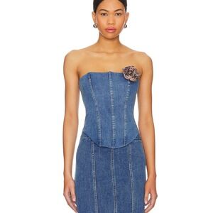 Majorelle Women's Strapless Denim Corset Top‎ with Floral Applique XL